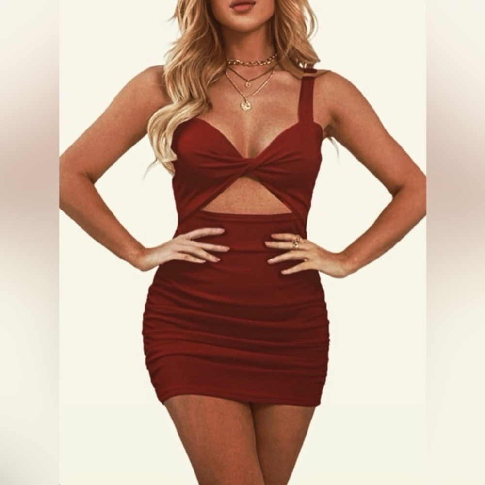 D218 NWOT LYANER Cut Out Twist Knot Front Ruched Bodycon Tank Mini Dress Size: S